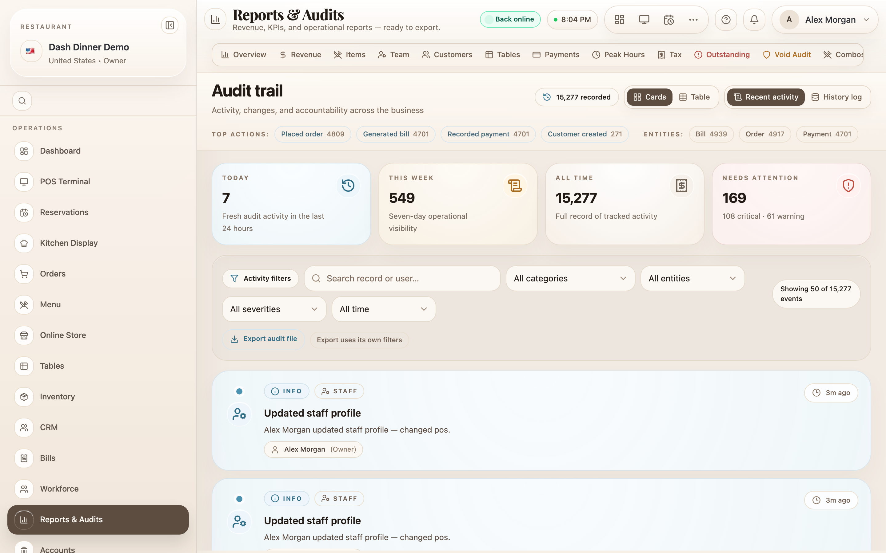 The audit trail: activity with who, what, when, and an expandable change diff.