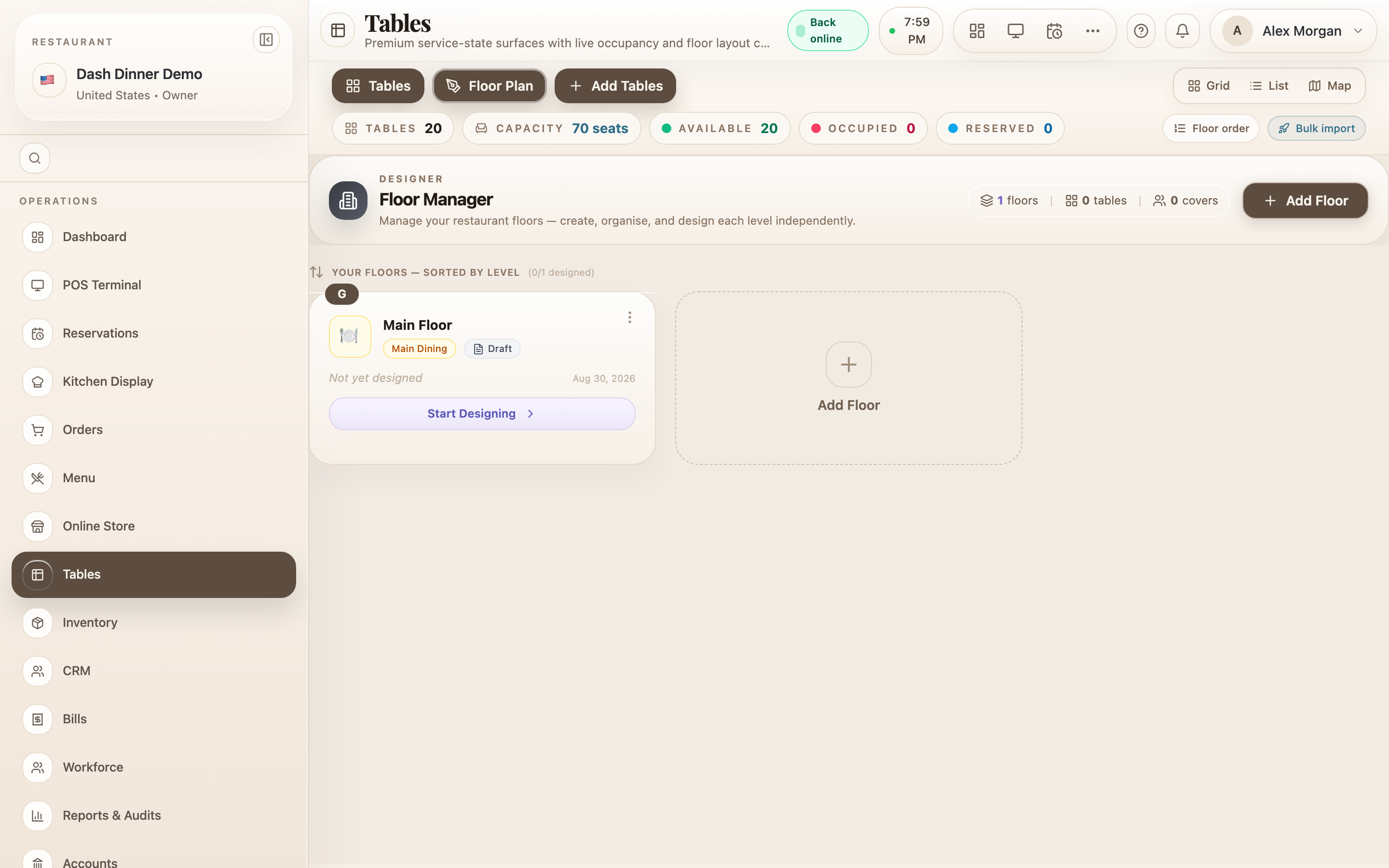 The Floor editor: element palette on the left, canvas in the middle, properties on the right.