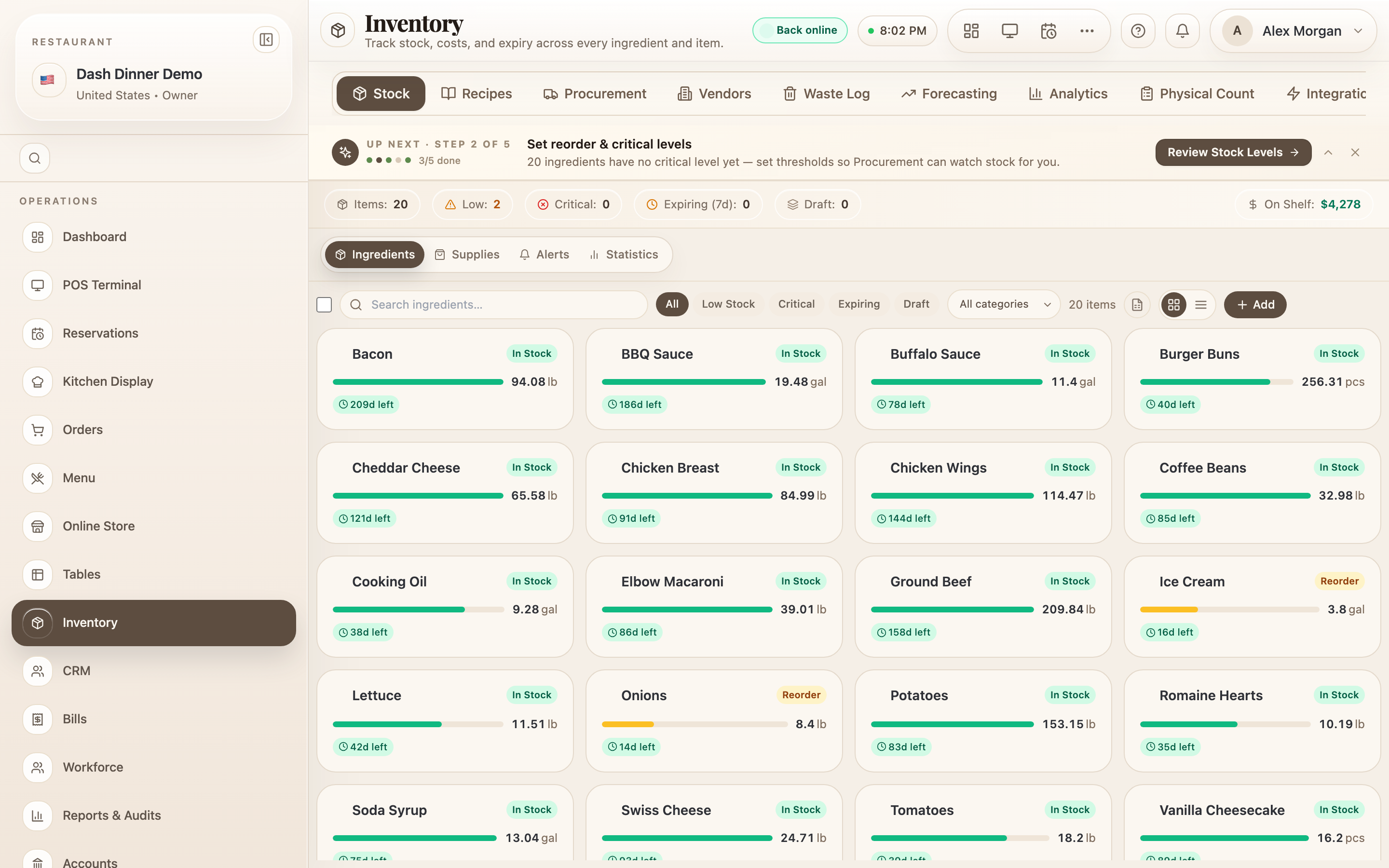 The Stock list: ingredients with levels, value, and status.