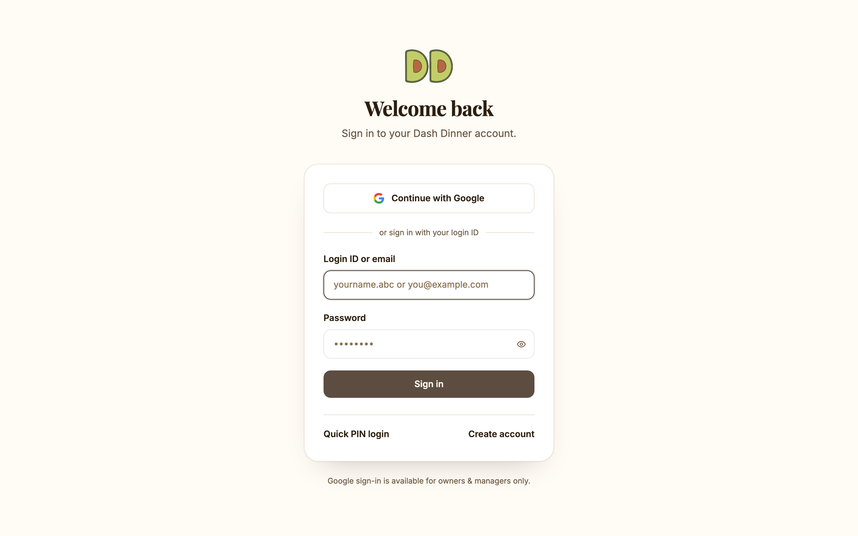 The web login screen. Staff use PIN login on shared terminals.
