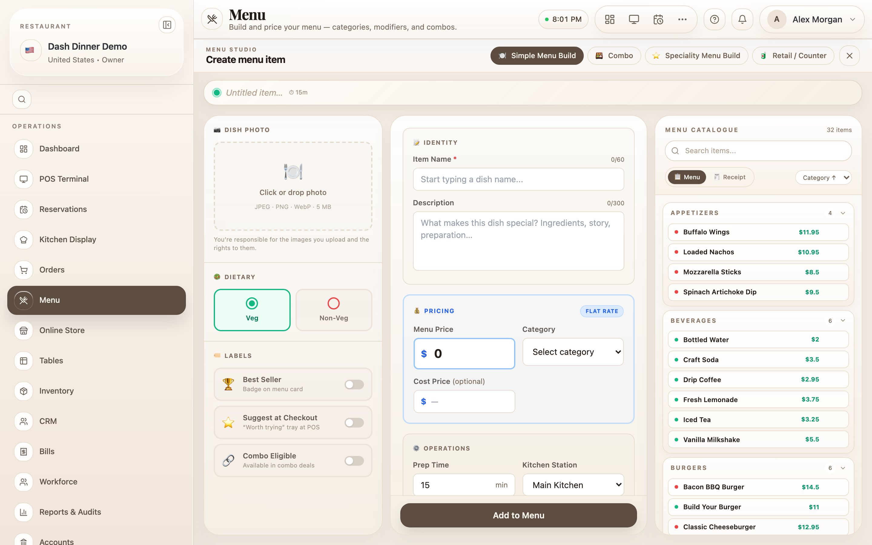 The Simple item editor: photo and flags, identity, pricing, and operations.