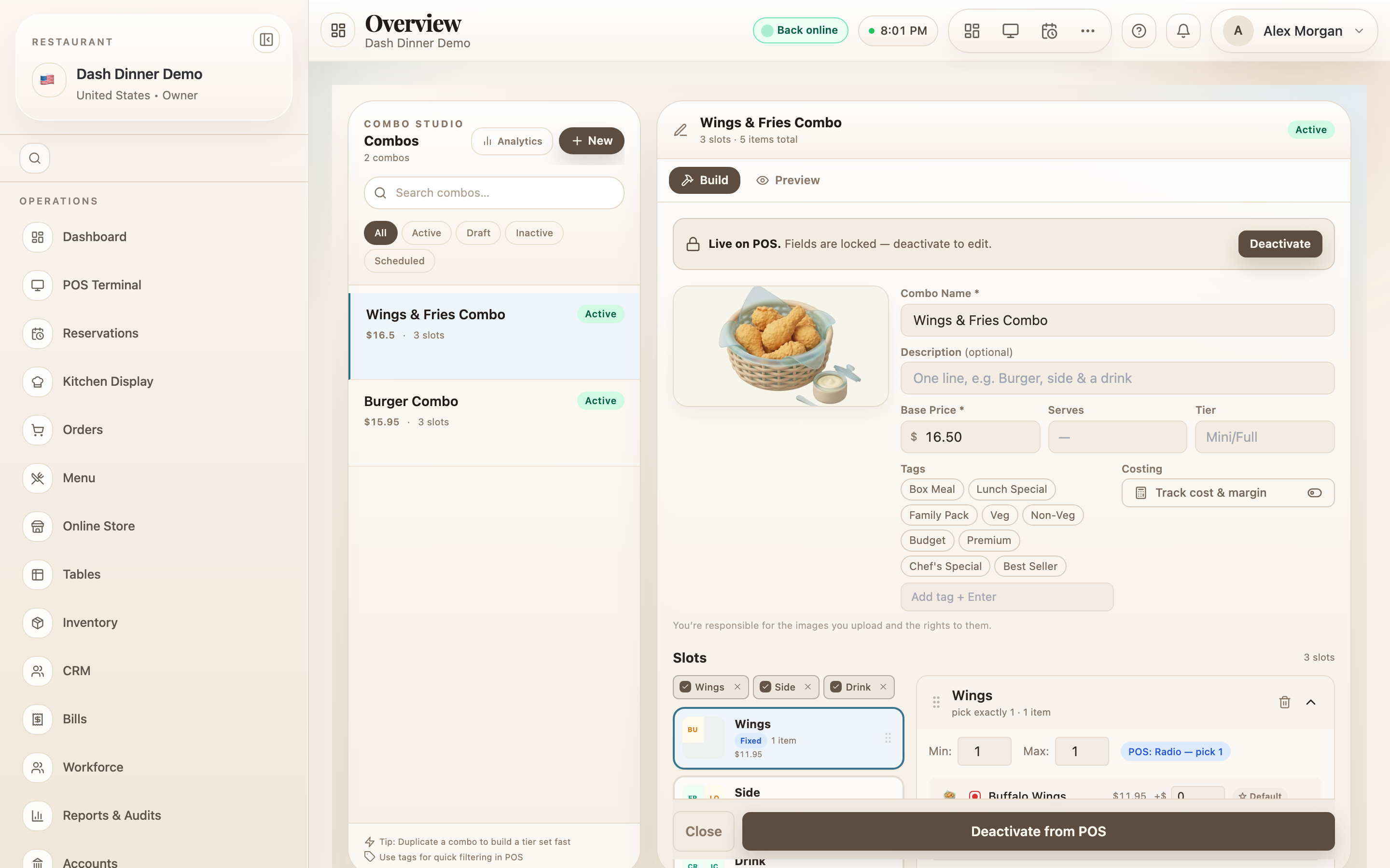 The combo builder: library on the left, Build/Preview editor on the right.