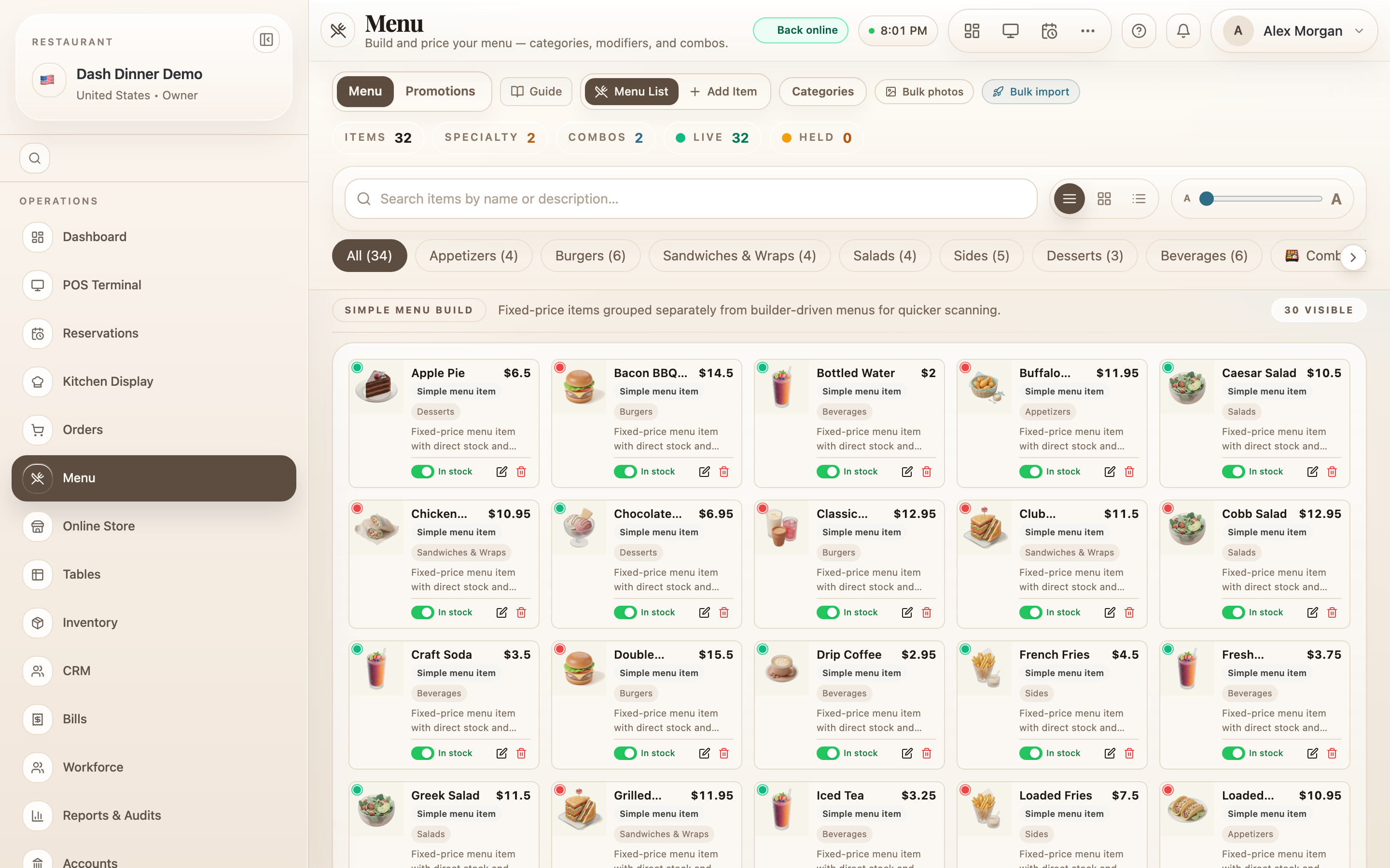 The Menu page: category chips, your items, and the management toolbar.