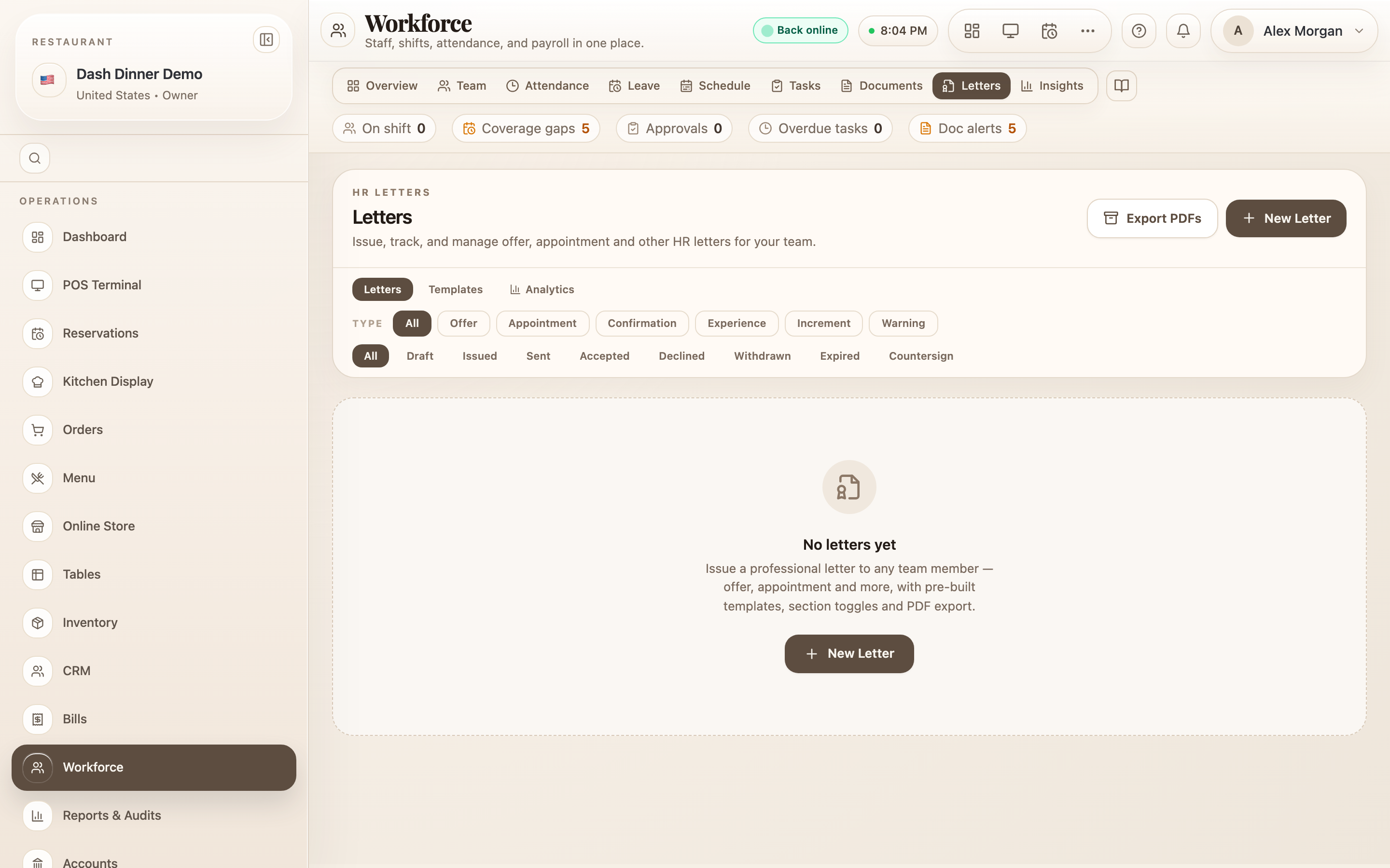 The Letters tab: issue letters, track their status, and see acceptance analytics.