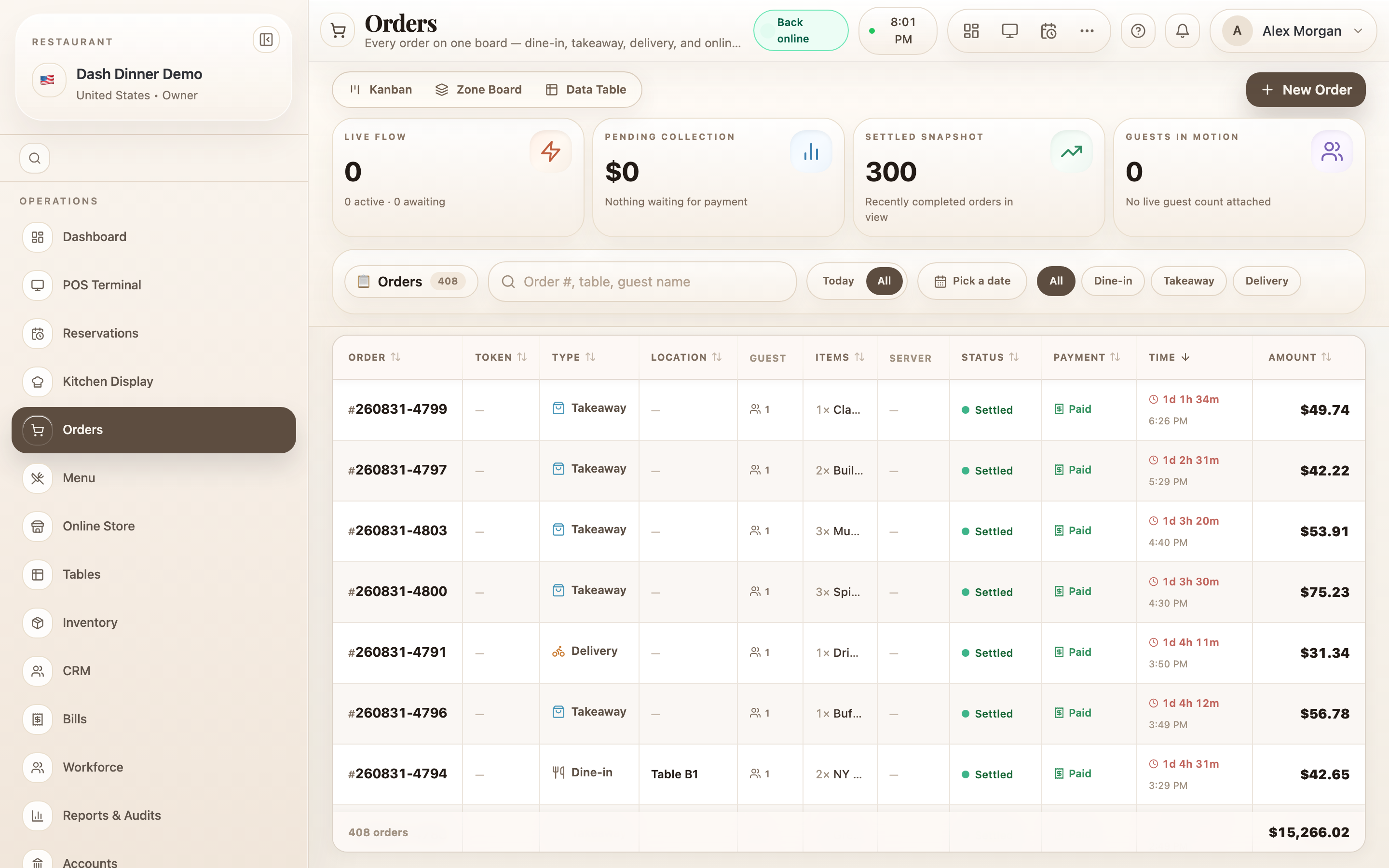 The Orders board in Kanban view: Active, Awaiting Payment, Settled, Cancelled.