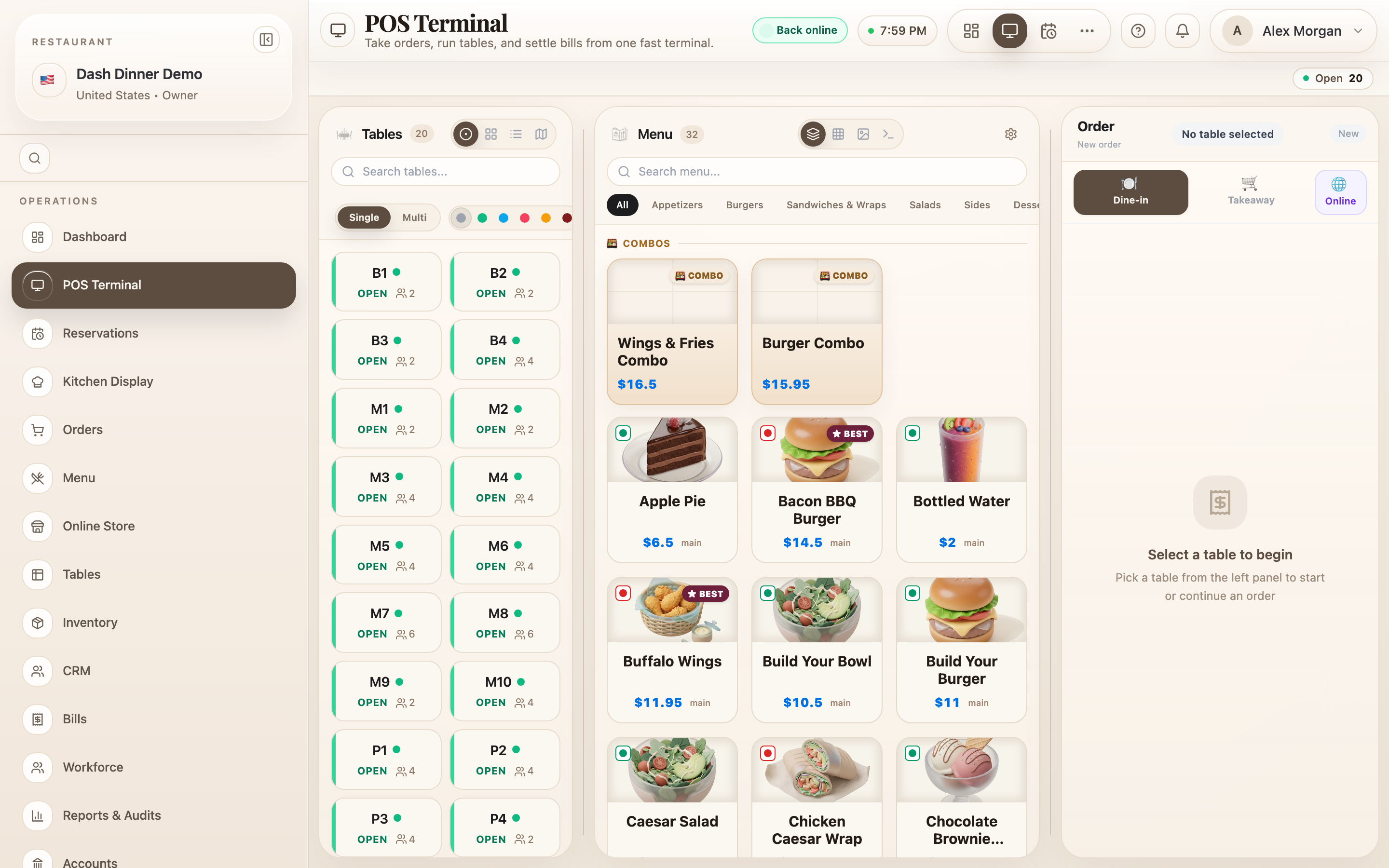 The POS terminal: floor on the left, menu in the centre, order panel on the right.