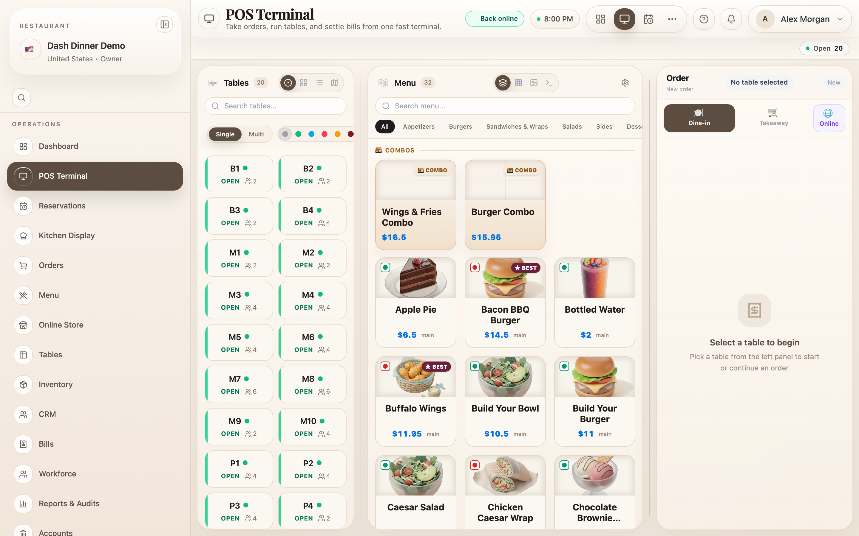Add items from the menu, then Send to Kitchen.