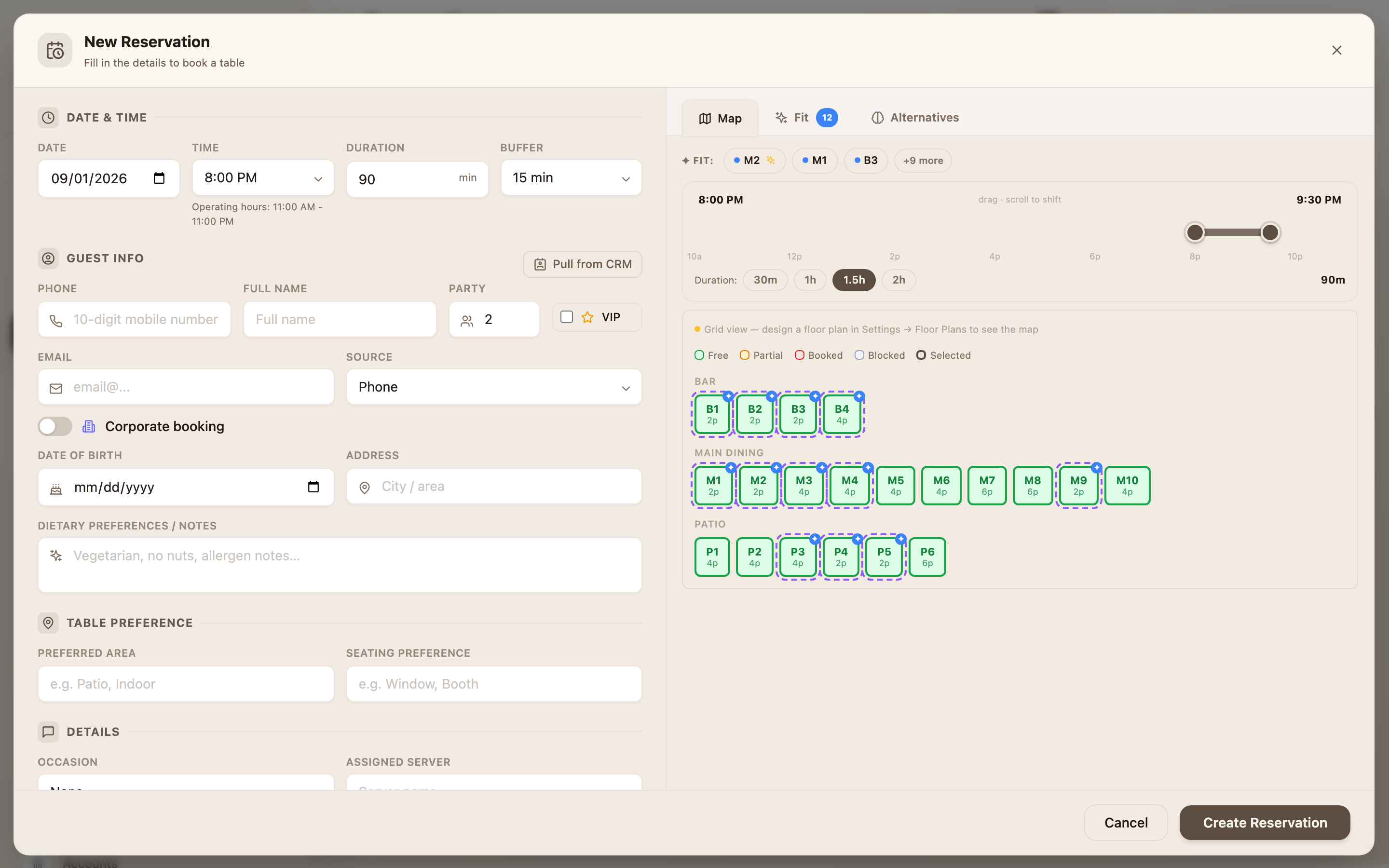 The New Reservation window: guest and timing on the left, table picker on the right.