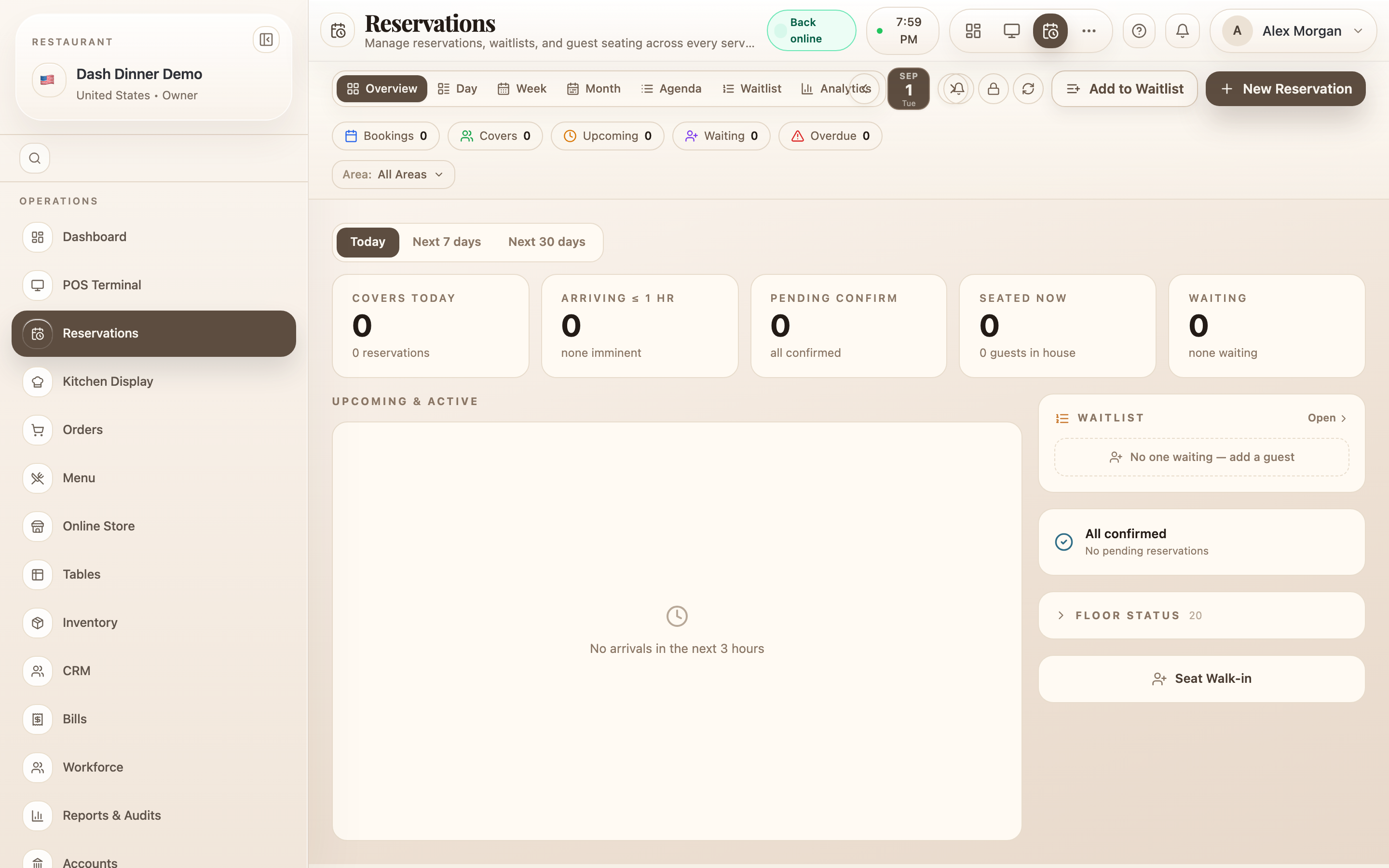 The reservations calendar with its views, the day's summary chips, and filters.