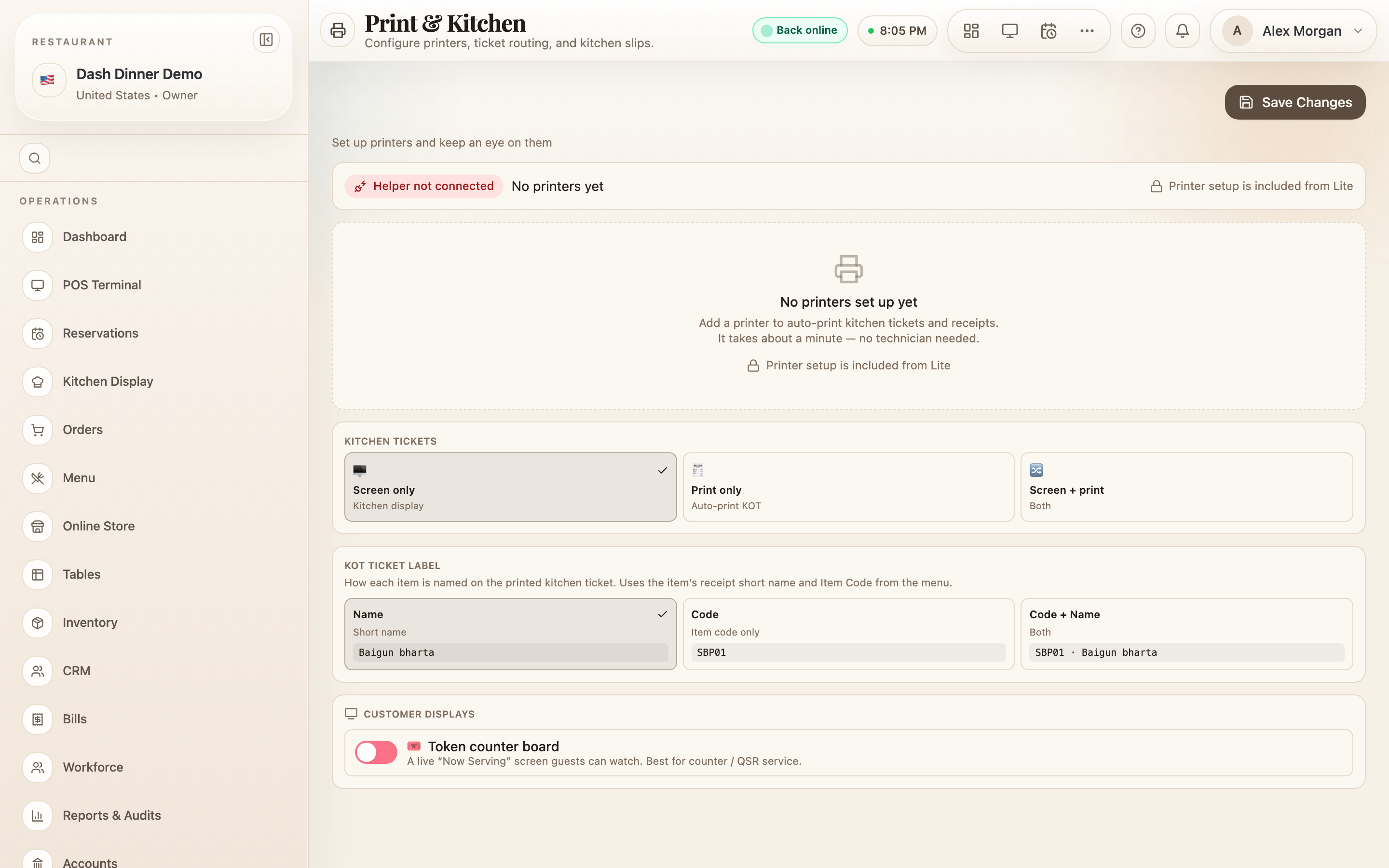 Print & Kitchen: printers, kitchen-ticket options, and the customer display.