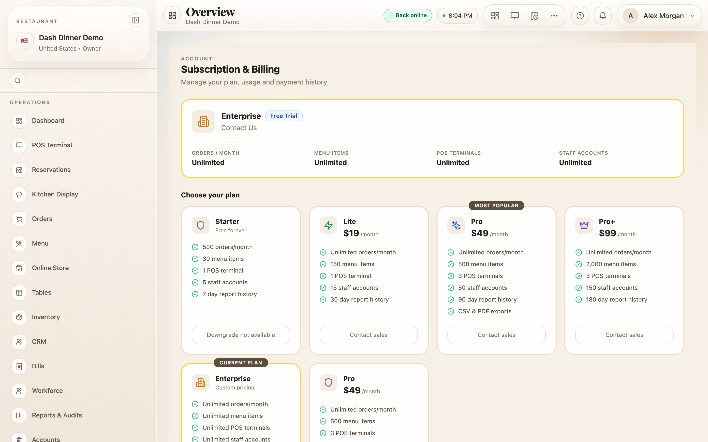Your current plan, the plans grid, and payment info.