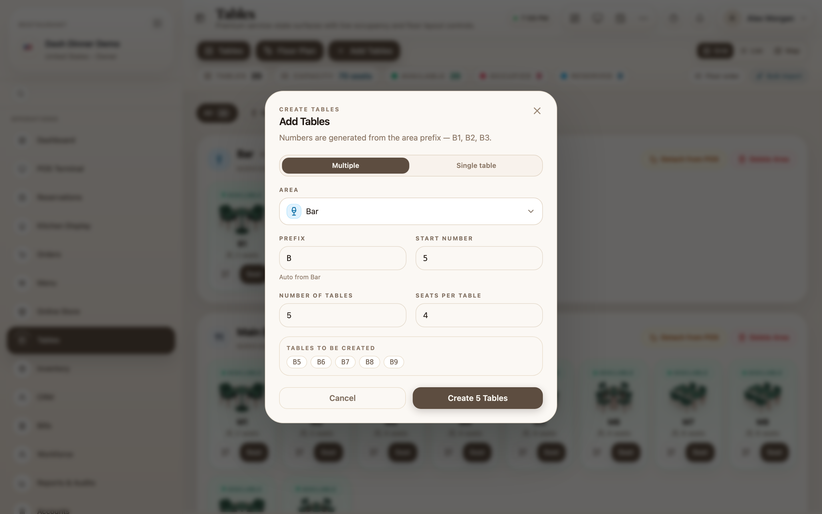 Adding tables: pick an area, and numbers generate from its prefix with a live preview.