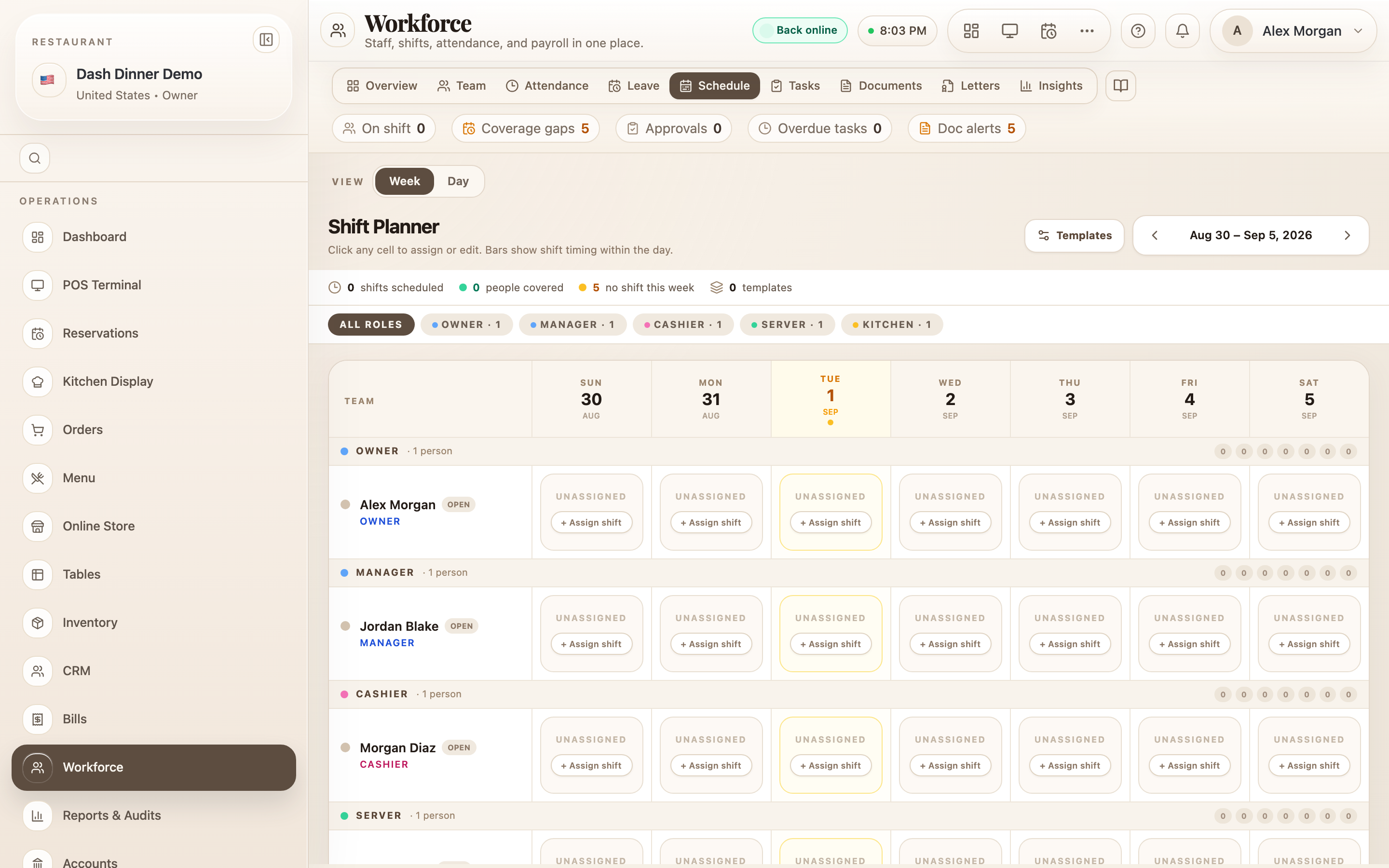 The Shift Planner: assign a shift in any staff × day cell.