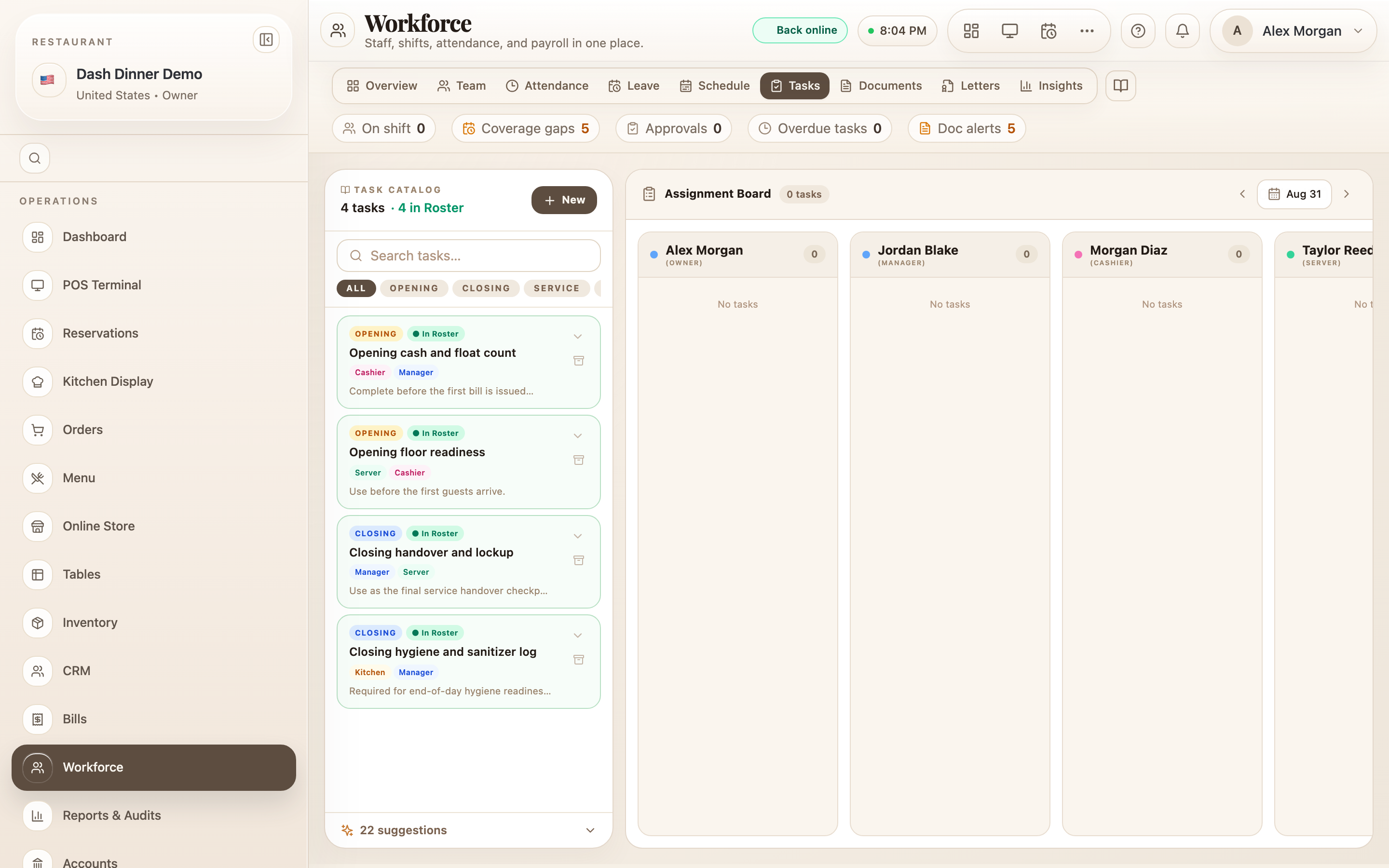 The Task Catalog, and the bulk-assign window for handing a task to several staff.
