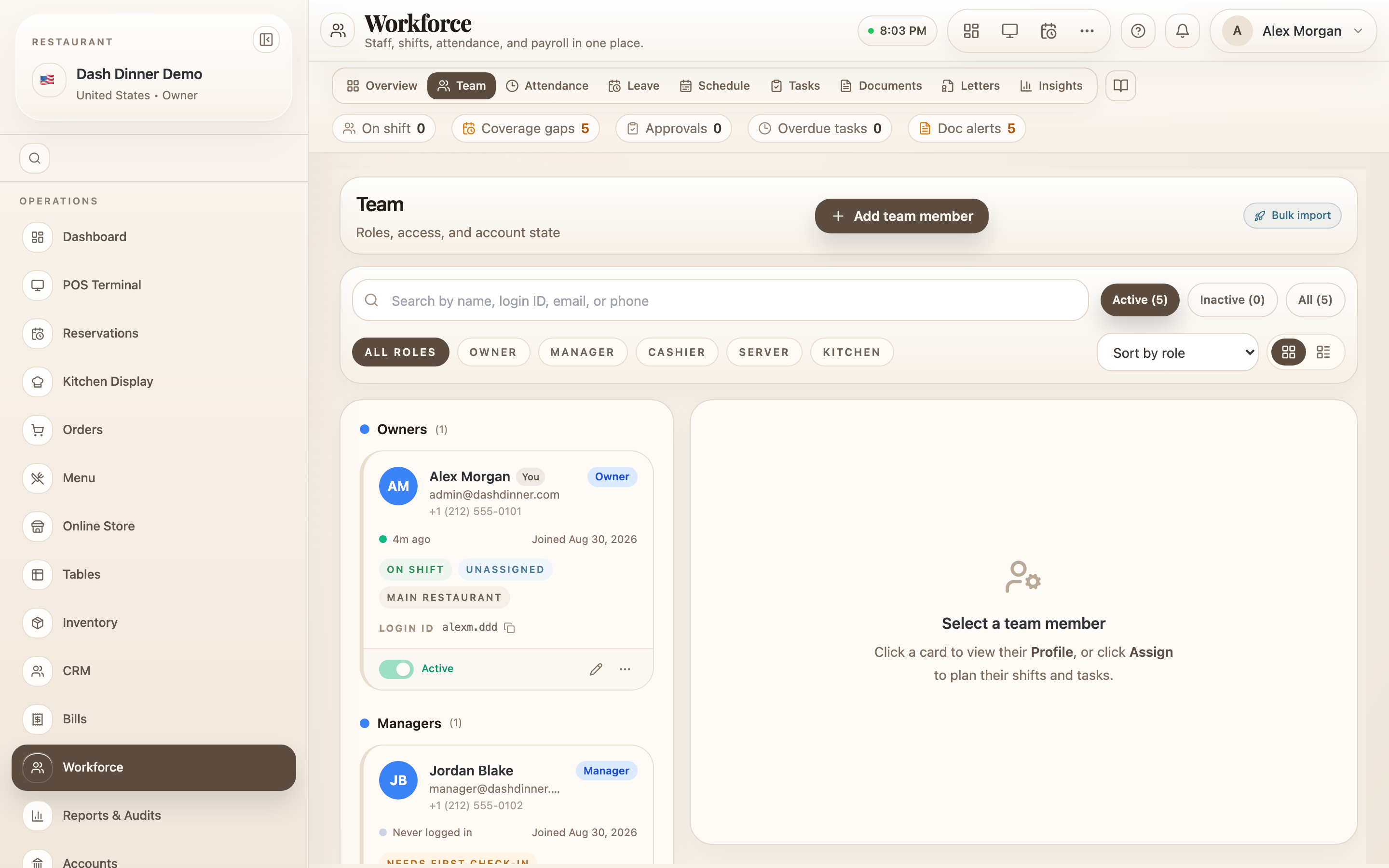 The Team tab: your people, their roles, and account state.